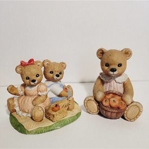 Home Interiors Homco Set Of 2 Teddy Bear Apple Orchard Ceramic Figurines #1421